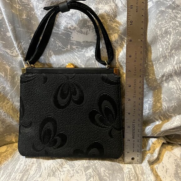 Rare VTG 1950's GARAY Black Damask Frame Handbag Double strap with bow- preowned - Picture 7 of 9